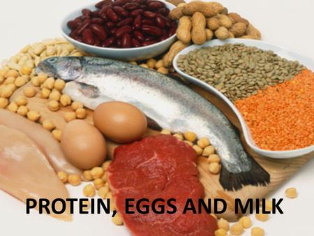 PROTEIN, EGGS AND MILK. PROTEIN Facts About Protein Primary function is to build and repair body tissue. Protein provides 4 calories per gram. Keep meat.