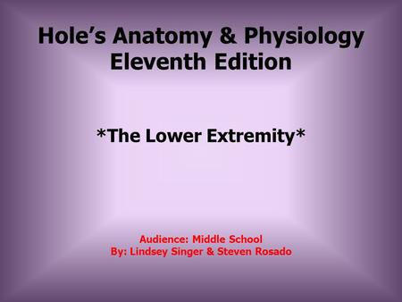 Hole’s Anatomy & Physiology Eleventh Edition *The Lower Extremity* Audience: Middle School By: Lindsey Singer & Steven Rosado.
