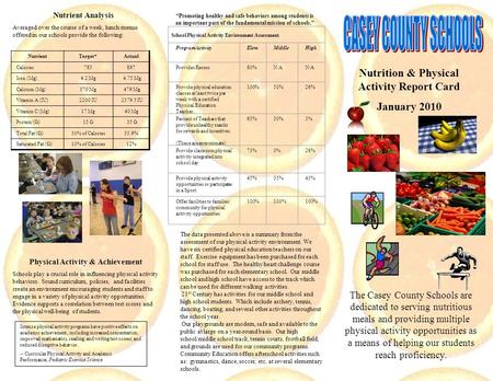 Nutrition & Physical Activity Report Card January 2010 The Casey County Schools are dedicated to serving nutritious meals and providing multiple physical.