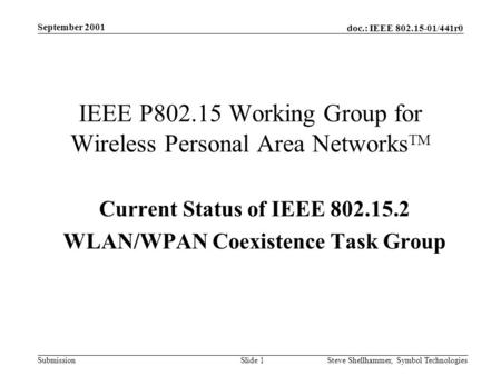 Doc.: IEEE 802.15-01/441r0 Submission September 2001 Steve Shellhammer, Symbol Technologies Slide 1 IEEE P802.15 Working Group for Wireless Personal Area.