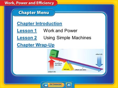 Chapter Introduction Lesson 1Lesson 1Work and Power Lesson 2Lesson 2Using Simple Machines Chapter Wrap-Up.