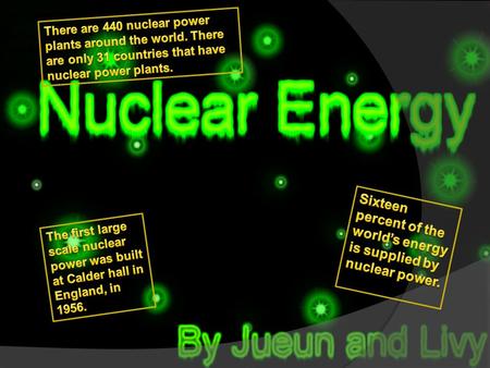 Intro.  We chose nuclear power because it is a type of power that we don’t need certain weather.  We also chose nuclear power because it doesn’t release.