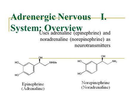 I.Adrenergic Nervous System: Overview Uses adrenaline (epinephrine) and noradrenaline (norepinephrine) as neurotransmitters.