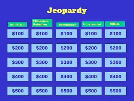 Jeopardy $100 $200 $300 $400 $500 Individuals $100 $200 $300 $400 $500 Filibusters/ Rebellion $100 $200 $300 $400 $500 Immigration $100 $200 $300 $400.