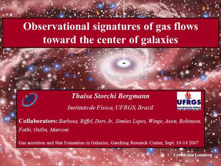Observational signatures of gas flows toward the center of galaxies Thaisa Storchi Bergmann Instituto de Física, UFRGS, Brazil Collaborators: Barbosa,