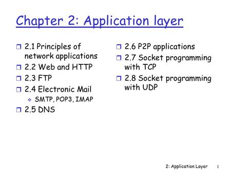 2: Application Layer 1 Chapter 2: Application layer r 2.1 Principles of network applications r 2.2 Web and HTTP r 2.3 FTP r 2.4 Electronic Mail  SMTP,