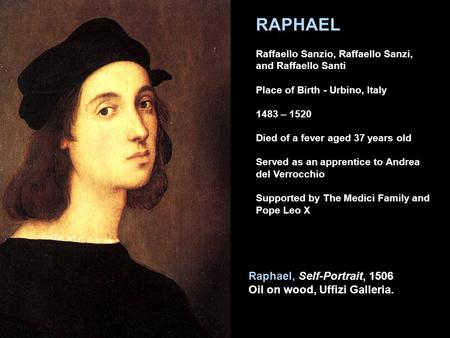 Raphael, Self-Portrait, 1506 Oil on wood, Uffizi Galleria. RAPHAEL Raffaello Sanzio, Raffaello Sanzi, and Raffaello Santi Place of Birth - Urbino, Italy.
