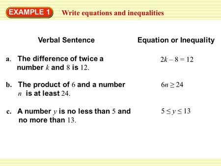 Write equations and inequalities EXAMPLE 1 a. The difference of twice a number k and 8 is 12. b. The product of 6 and a number n is at least 24. 6n ≥ 24.