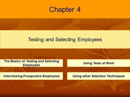 1 Chapter 4 Testing and Selecting Employees The Basics of Testing and Selecting Employees Using Tests at Work Interviewing Prospective EmployeesUsing other.