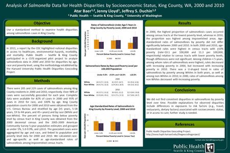 Analysis of Salmonella Data for Health Disparities by Socioeconomic Status, King County, WA, 2000 and 2010 Atar Baer 1,2, Jenny Lloyd 1, Jeffrey S. Duchin.