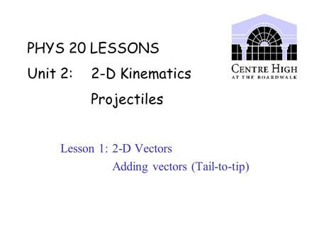 PHYS 20 LESSONS Unit 2: 2-D Kinematics Projectiles Lesson 1: 2-D Vectors Adding vectors (Tail-to-tip)
