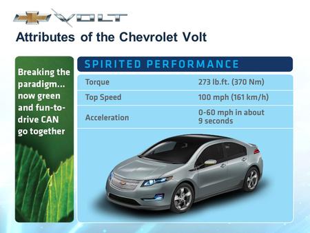 Attributes of the Chevrolet Volt. VOLT Lithium-Ion Battery 288 Cells 70% of the Cost Module Pack.