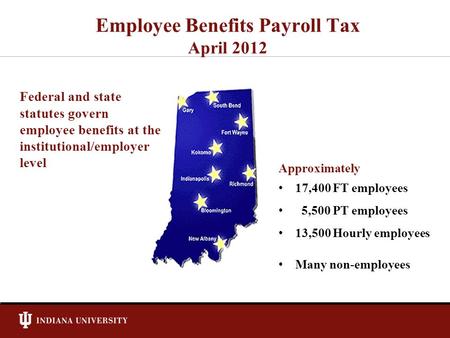 Employee Benefits Payroll Tax April 2012 Federal and state statutes govern employee benefits at the institutional/employer level Approximately 17,400 FT.