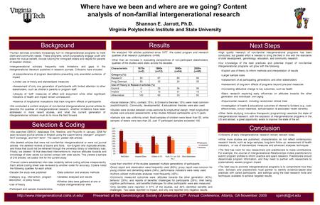 Where have we been and where are we going? Content analysis of non-familial intergenerational research Background Shannon E. Jarrott, Ph.D. Virginia Polytechnic.
