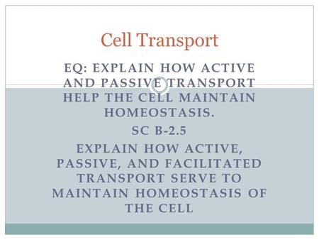 Cell Transport EQ: Explain how active and passive transport help the cell maintain homeostasis. SC B-2.5 Explain how active, passive, and facilitated transport.