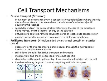 Cell Transport Mechanisms Passive transport (Diffusion) – Movement of a substance down a concentration gradient (area where there is more of a substance.