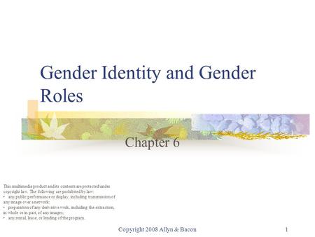 Copyright 2008 Allyn & Bacon1 Gender Identity and Gender Roles Chapter 6 This multimedia product and its contents are protected under copyright law. The.