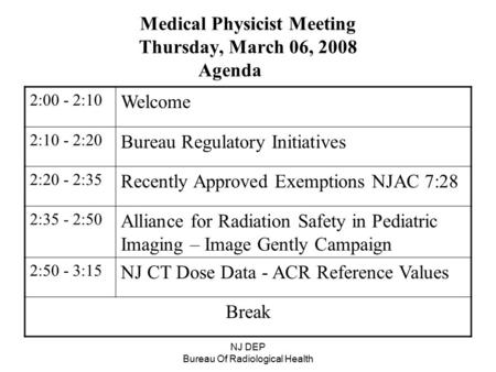 NJ DEP Bureau Of Radiological Health Medical Physicist Meeting Thursday, March 06, 2008 Agenda 2:00 - 2:10 Welcome 2:10 - 2:20 Bureau Regulatory Initiatives.