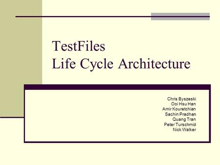 TestFiles Life Cycle Architecture Chris Byszeski Ooi Hsu Han Amir Kouretchian Sachin Pradhan Quang Tran Peter Turschmid Nick Walker.