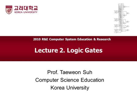 Lecture 2. Logic Gates Prof. Taeweon Suh Computer Science Education Korea University 2010 R&E Computer System Education & Research.