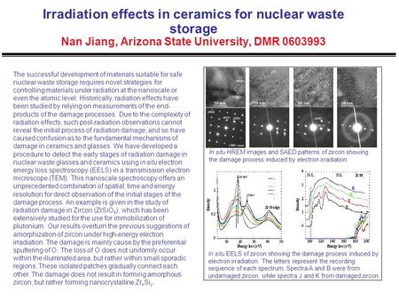 Irradiation effects in ceramics for nuclear waste storage Nan Jiang, Arizona State University, DMR 0603993 The successful development of materials suitable.