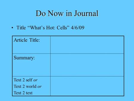 Do Now in Journal Title “What’s Hot: Cells” 4/6/09 Article Title: Summary: Text 2 self or Text 2 world or Text 2 text.