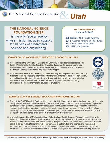 BY THE NUMBERS Utah in FY 2013 $68 Million: NSF funds awarded 22 nd : National ranking in NSF funds 25: NSF-funded institutions 235: NSF grant awards EXAMPLES.