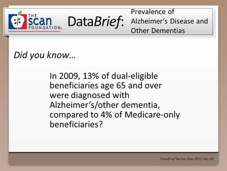 DataBrief: Did you know… DataBrief Series ● May 2012 ● No. 29 Prevalence of Alzheimer’s Disease and Other Dementias In 2009, 13% of dual-eligible beneficiaries.