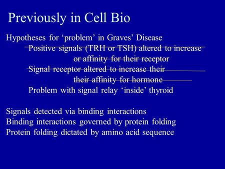 Previously in Cell Bio Hypotheses for ‘problem’ in Graves’ Disease Positive signals (TRH or TSH) altered to increase amount or affinity for their receptor.