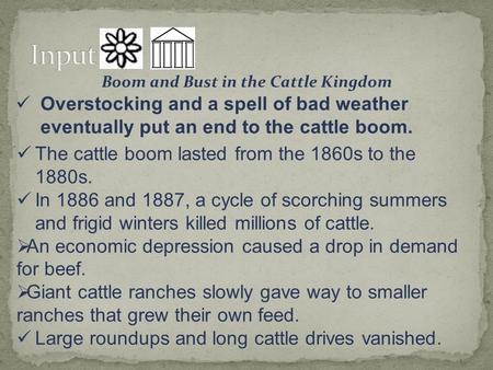 Boom and Bust in the Cattle Kingdom Overstocking and a spell of bad weather eventually put an end to the cattle boom. The cattle boom lasted from the 1860s.