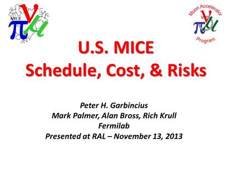 U.S. MICE Schedule, Cost, & Risks Peter H. Garbincius Mark Palmer, Alan Bross, Rich Krull Fermilab Presented at RAL – November 13, 2013.