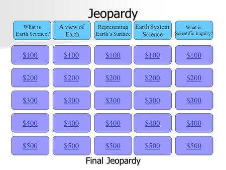 Jeopardy $100 What is Earth Science? A view of Earth Representing Earth’s Surface Earth System Science What is Scientific Inquiry? $200 $300 $400 $500.