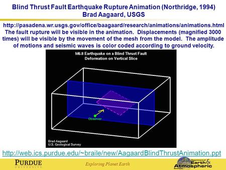 Exploring Planet Earth Blind Thrust Fault Earthquake Rupture Animation (Northridge, 1994) Brad Aagaard, USGS