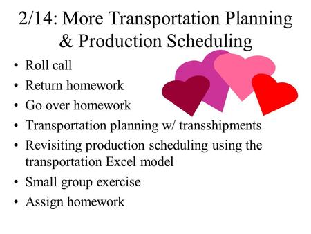 2/14: More Transportation Planning & Production Scheduling Roll call Return homework Go over homework Transportation planning w/ transshipments Revisiting.