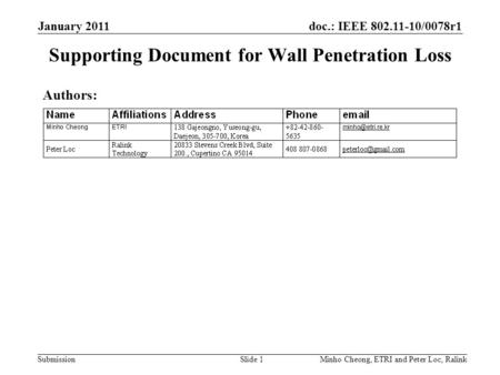 January 2011 Minho Cheong, ETRI and Peter Loc, RalinkSlide 1 Supporting Document for Wall Penetration Loss Authors: doc.: IEEE 802.11-10/0078r1 Submission.