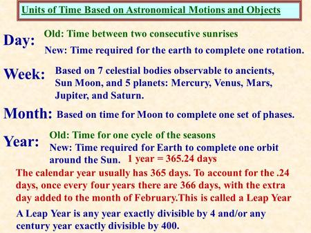 Units of Time Based on Astronomical Motions and Objects Day: New: Time required for the earth to complete one rotation. Week: Based on 7 celestial bodies.