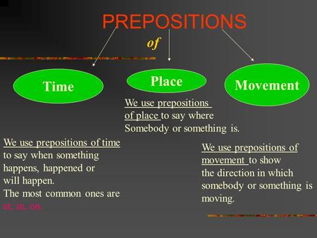 PREPOSITIONS Time Place Movement of We use prepositions of time to say when something happens, happened or will happen. The most common ones are at, in,