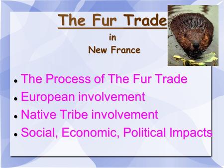 The Fur Trade in New France The Process of The Fur Trade The Process of The Fur Trade European involvement European involvement Native Tribe involvement.