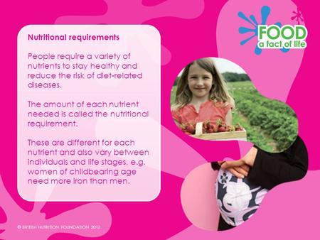 © BRITISH NUTRITION FOUNDATION 2013 Nutritional requirements People require a variety of nutrients to stay healthy and reduce the risk of diet-related.