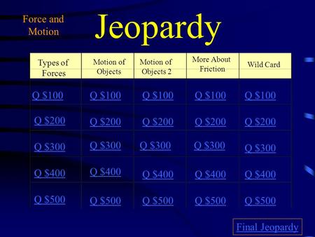 Jeopardy Types of Forces Motion of Objects Motion of Objects 2 More About Friction Wild Card Q $100 Q $200 Q $300 Q $400 Q $500 Q $100 Q $200 Q $300 Q.