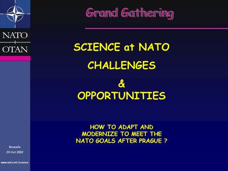 Grand Gathering Brussels 24 Oct 2002 www.nato.int/science SCIENCE at NATO CHALLENGES & OPPORTUNITIES HOW TO ADAPT AND MODERNIZE TO MEET THE NATO GOALS.