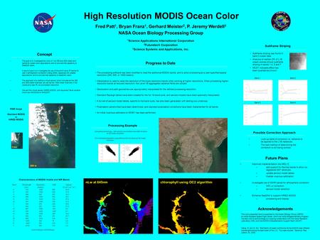 High Resolution MODIS Ocean Color Fred Patt 1, Bryan Franz 1, Gerhard Meister 2, P. Jeremy Werdell 3 NASA Ocean Biology Processing Group 1 Science Applications.