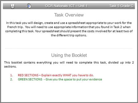 OCR Nationals ICT – Unit 1 Task 5 Grade C Task Overview In this task you will design, create and use a spreadsheet appropriate to your work for the French.