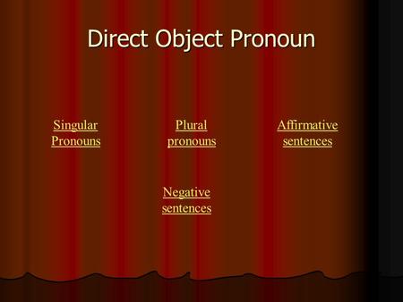 Direct Object Pronoun Singular Pronouns Plural pronouns Affirmative sentences Negative sentences.
