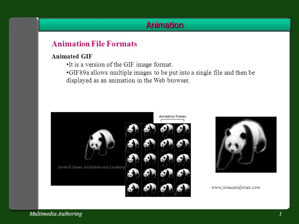 Multimedia Authoring1 Animation Animation File Formats Animated GIF It is a  version of the GIF image format. GIF89a allows multiple images to be put  into. - ppt download