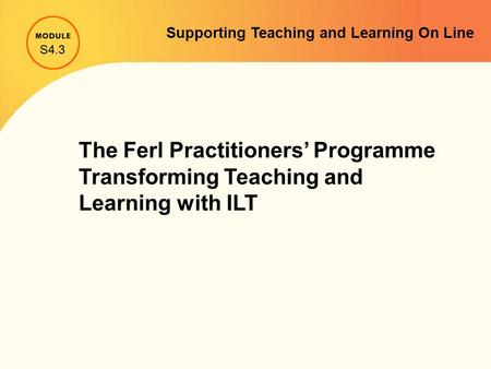 The Ferl Practitioners’ Programme Transforming Teaching and Learning with ILT S4.3 Supporting Teaching and Learning On Line.