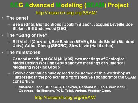 SEG Advanced Modeling (SEAM) Project  The panel: –Bee Bednar, Biondo Biondi, Joakim Blanch,