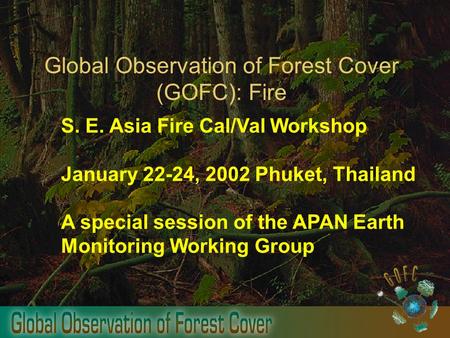 Global Observation of Forest Cover (GOFC): Fire S. E. Asia Fire Cal/Val Workshop January 22-24, 2002 Phuket, Thailand A special session of the APAN Earth.