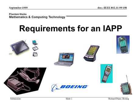 Phantom Works Mathematics & Computing Technology September 1999 Richard Paine, BoeingSlide 1 doc.: IEEE 802.11-99/198 Submission Requirements for an IAPP.