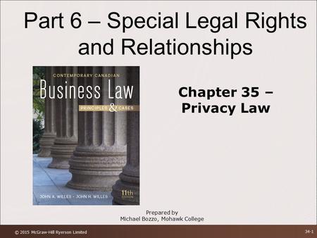 Part 6 – Special Legal Rights and Relationships Chapter 35 – Privacy Law Prepared by Michael Bozzo, Mohawk College © 2015 McGraw-Hill Ryerson Limited 34-1.